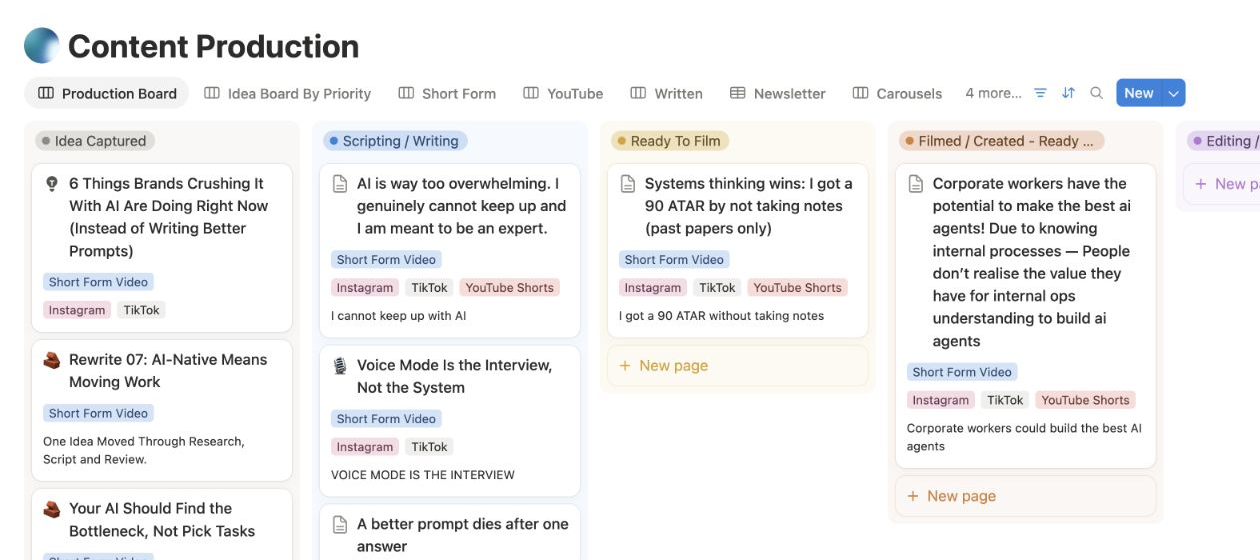 Oliver’s actual Notion Content Production board, with ideas moving through Idea Captured, Scripting / Writing, Ready To Film and Filmed / Created. Voice Mode Is the Interview, Not the System is in Scripting / Writing.