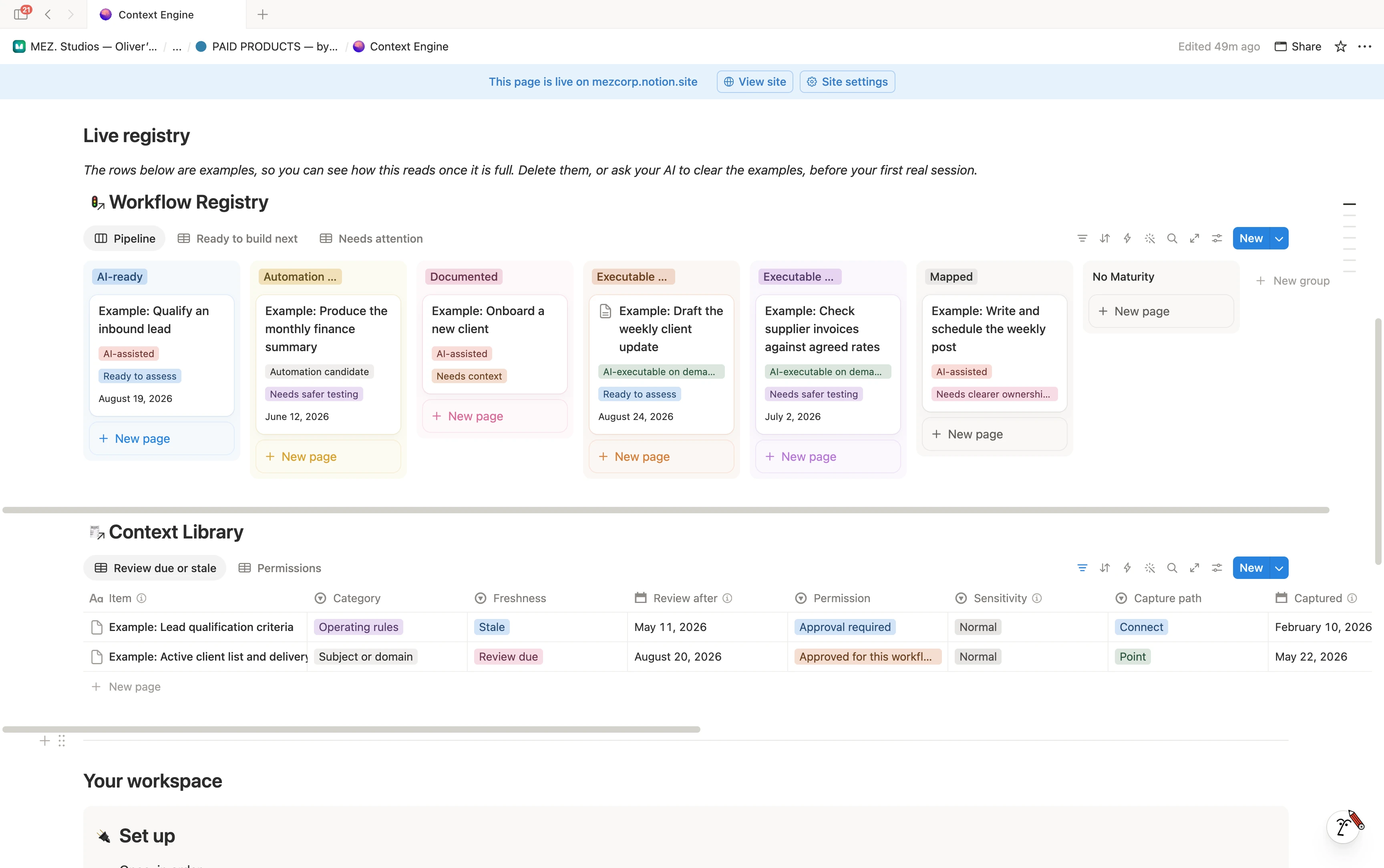 Context Engine Workflow Registry with example jobs at different maturity stages, above the Context Library with freshness and permission fields.