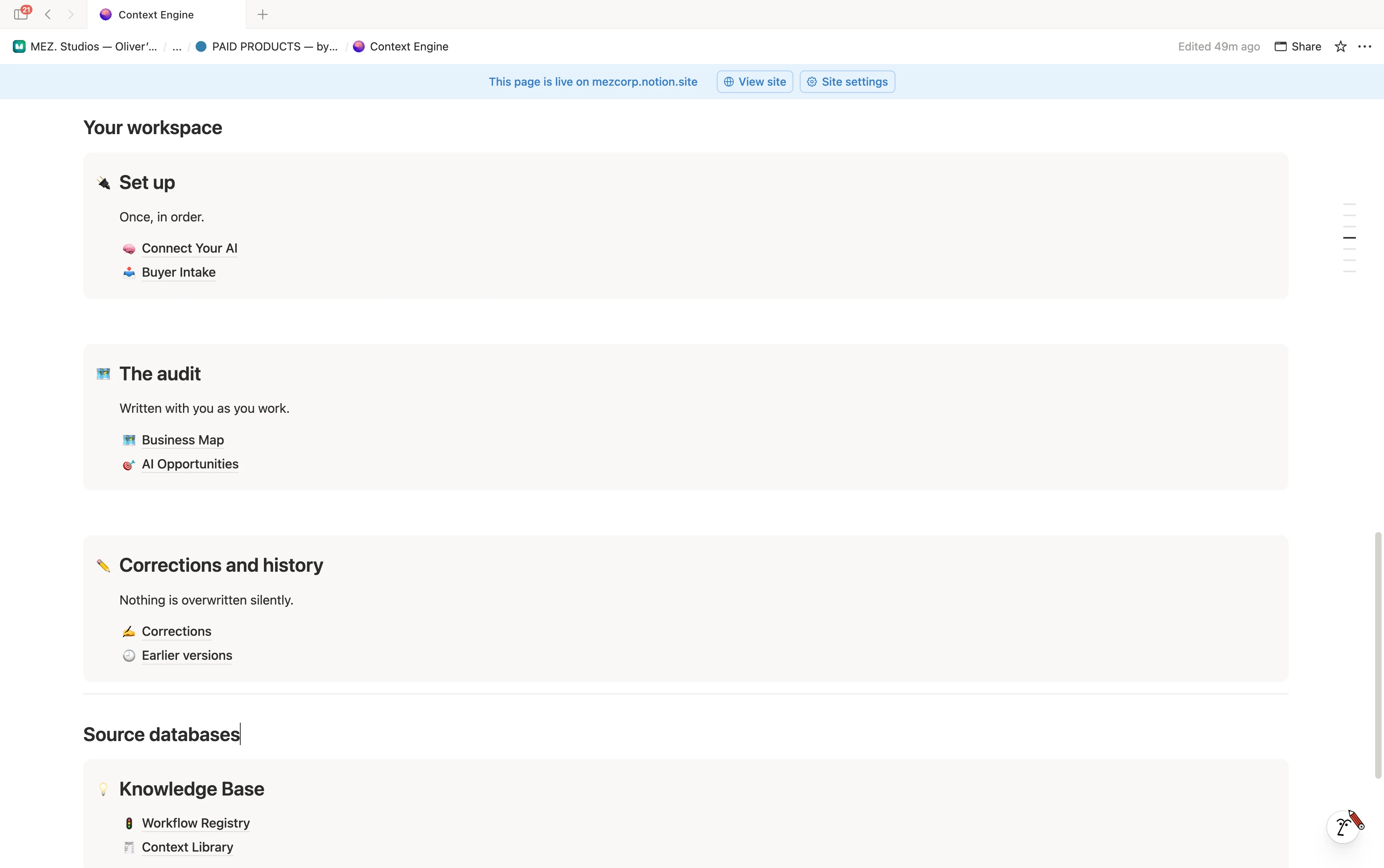 Context Engine workspace containing Connect Your AI, Buyer Intake, Business Map, AI Opportunities, Corrections, Earlier versions, Workflow Registry and Context Library.