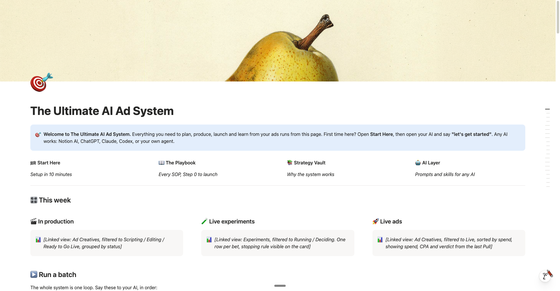 Ultimate AI Ad System page with Start Here, Playbook, Strategy Vault, AI Layer and weekly production views.