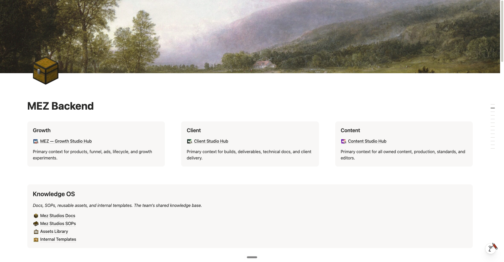 Mez Backend page routing Growth, Client and Content hubs into a shared Knowledge OS.