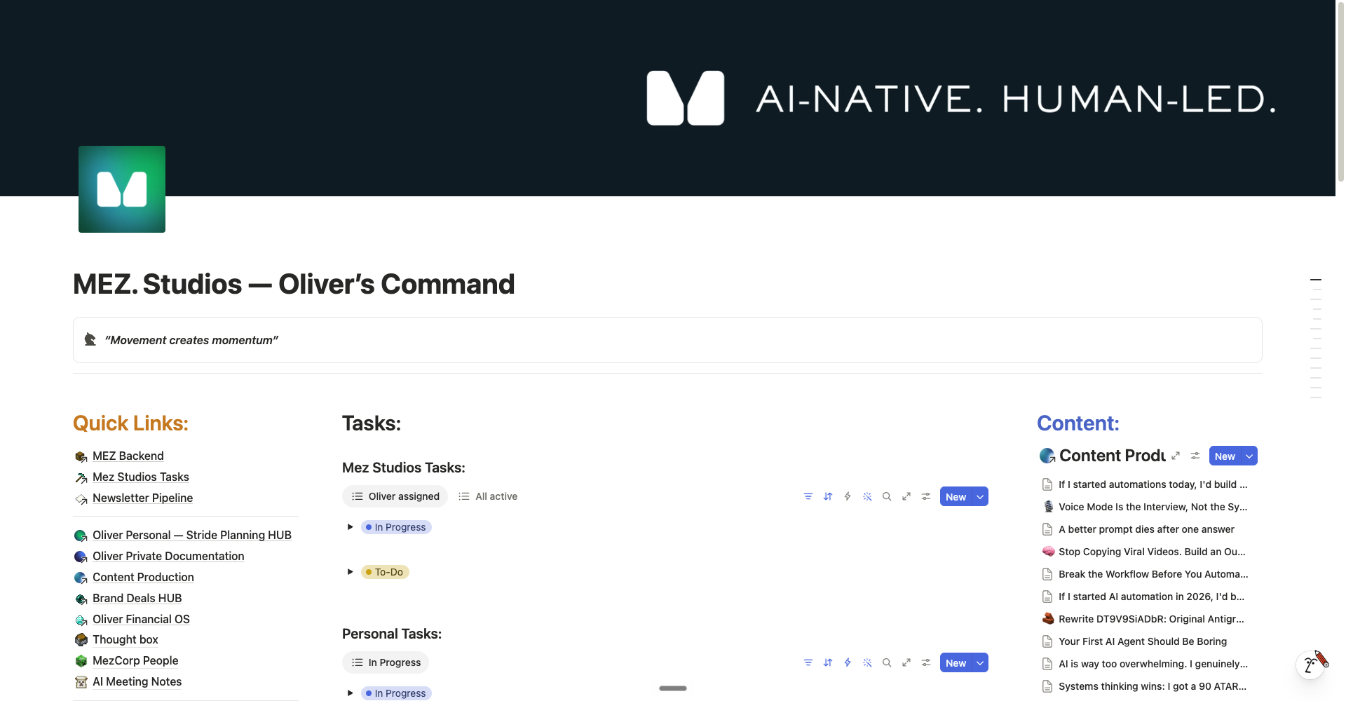 Mez Studios Command page showing quick links, active task views and the current content queue.